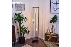 ‎HOFSTEIN Lampa podłogowa Woden, lampa podłogowa z metalu w kolorach czarnym i mosiężnym, 3-lampowa lampa podłogowa o wyglądzie przemysłowym z efektem świetlnym, 3 x E27, przełącznik nożny na kablu, bez żarówek