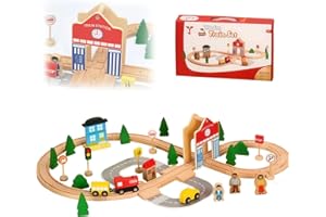 BASAMOU Trenes de Juguetes para Niños 2 3 4 5 6 7 8 Años, 50 Piezas Juego de Trenes con Pistas de Madera y Accesorios, Compatible Principales Marcas, Regalos Niños Niñas Cumpleaños Navidad Año Nuevo