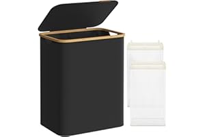 ‎SONGMICS SONGMICS Kosz na pranie 2 przegródki 130 l Kosz na pranie z pokrywką Składany, odpinany worek na pranie Tkanina Oxford Uchwyt bambusowy Składany 52 x 38,5 x 70,5 cm Atramentowy czarny LCB513B01