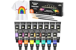 Shuttle Art Peinture Textile 15 Couleurs (12ml), Peintures pour Textiles Non Toxique avec Pinceaux Palette Pochoirs, Peinture pour Tissu T-shirts Chaussures Sacs