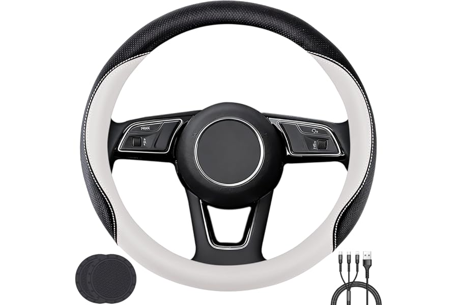 Car Steering Wheel Cover, Non-Slip Soft Leather Protector for Steering Wheel with a Diameter of 14.5"-15" with 2 Coasters and USB Charging Cable (White)