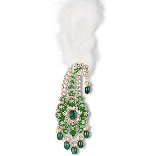 Mahi Royal Green Meenakari Enamelled Kalangi with White Feather (Pagdi/Safa Brooch) for Groom (PAKL1001027PR)
