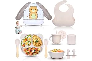 Dazhtu 11-Piece Silicone Baby Crockery Set, Children's Tableware, Baby Plate, Non-Slip with Suction Cup, Baby Plate with Suction Cup, Bowl, Bib, Spoon, Fork, Baby Drinking Cup, BPA-Free, Beige