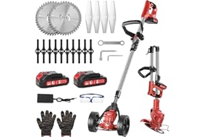 Ykall Desbrozadora Eléctrica Sin Cable 21V – Cortacésped Ligero a Batería con 3 Tipos de Cuchillas, 2 Baterías y Ruedas – Recortadora Plegable y Cortadora de Brotes para Jardín, Césped y Arbustos