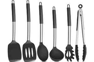 Onader Black Kitchen Utensils Set, 6 Pieces Silicone Cooking Utensils for Non-Stick Cookware, Heat Proof Kitchen Cooking Tools, Stainless Steel Handle & Dishwasher Safe