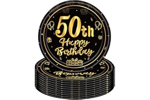 YTUGCG Birthday Plates, 16 Pcs Black and Gold Birthday Party Plates, 7.3inch Black and Gold Paper Plates, Birthday Party Supplies Table Decor for Him, Her (50th)