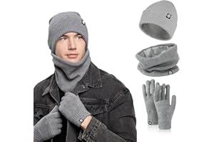 Nenkarn Mens Hat Scarf and Gloves Set, 3 in 1 Winter Thermal Hat Gloves Neck Warmer Set Thick Fleece Touchscreen Glove Knitted Cap Cold Weather Accessories Sets