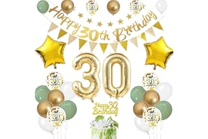 FEYG 30th Birthday Decoration for Men Women, Sage Green White Gold 30th Birthday Balloons with Happy 30th Birthday Banner Cake Toppers Triangle Flag Number 30 Balloons for 30 Year Old Birthday Decorations