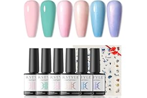RSTYLE Smalto Semipermanente, 6 Colori Smalti Semipermanenti per Unghie e 2 Adesivi per Unghie,da UV LED Gel Nail Polish Professionali Set 6ML Colore sirena Smalti Semipermanenti glitter nude