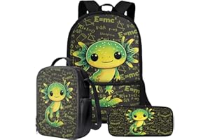 Wnbucioht Cute Axolotl School Backpack for Girls Teens 10-12 Kawaii School Bags Large Capacity Rucksack 3 in 1 Axolotl Print Bookbag with Lunchbox Pencil Case for Kindergarten Elementary Daypack