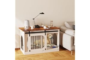 YDTOP XXL Dog Crate Furniture, 120cm Wooden Dog Cage with Removable Cushion, Three Door Dog Crate with Barn Door, Indoor Dog Kennel, End Table, for Large Extra Large Dogs (Rustic Brown + White)