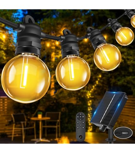 GHUSTAR Lichtsnoer op zonne-energie, voor buiten, 10 m, lichtketting voor buiten, weerbestendig, met 15 1 G40 led, IP65, waterdicht, 4 modi, outdoor lichtketting op zonne-energie voor balkon, tuin