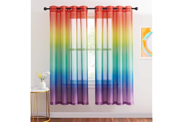NICETOWN 2 stycken, färggradient gardiner, barnrum, H 175 x B 140 cm, gardiner med färgglad gradient, för barnrum, dekorativa skynken, halvtransparenta voile-gardiner med öljetter, regnbåge