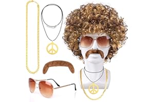 Humairc Parrucca Afro Parrucche Ricce Donna Uomo Parrucca Hippy Parrucca Carnevale Costume Carnevale Costume Halloween Parrucca Disco Costume Anni 80 Anni 70 - Parrucca Occhiali Collane Barbe Finte