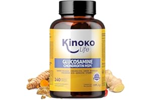 KINOKO LIFE Glucosamine et Chondroïtine 240 gélules avec MSM, collagène marin, acide hyaluronique, curcuma, poivre noir, gingembre, boswellia et quercétine pour articulations, cartilage, os