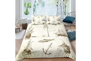 Homewish Set di biancheria da letto per bambini, per adulti, con motivo nautico e barca a vela, per letto singolo, con ancora in stile retrò, per bambini e adulti, decorazione camera da letto, stile