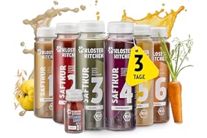 Kloster Kitchen Cure de jus bio 3 jours I 18x 250ml de jus + 3x 30ml de shot de gingembre I Cure de jeûne végétalienne 6 saveurs I 592 kcal par jour | Riche en vitamines | (4,50€ CONSIGNE)