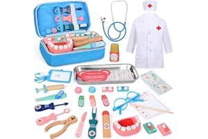 NEUFOOD Zestaw lekarski dla dzieci z prawdziwym stetoskopem, drewniany zestaw do zabawy dla lekarza, zabawki medyczne, kostium do odgrywania ról dla chłopców i dziewcząt w wieku od 3 lat