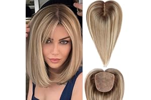 HAIRCUBE Tapa de Cabello 5"*5.5" Base para Mujeres,14 Pulgadas marrón claro con reflejos rubios,Tapa de Cabello 100% Cabello Humano Real sin Flequillo para Mujeres con Cabello Ralo