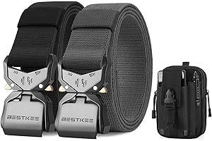 BESTKEE 2 Pièces Ceinture Tactique, Ceinture Homme Robuste de 3,8 cm avec Boucle Métallique à Dégagement Rapide, Avec Pochette Tactique Molle