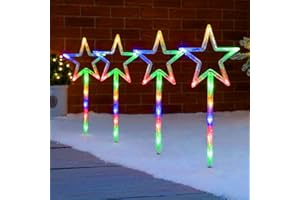 Christow Star Path Lights, Outdoor Christmas Stake Pathway Decorations, Flashing Multi Coloured LED, Battery Operated with Timer (Set of 4 x 44cm)