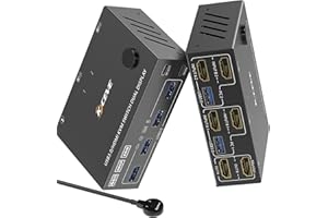 KCEVE Conmutador KVM USB 3.0 Para 2 Ordenadores 2 Monitores, Switch HDMI KVM Monitores Duales, Compatibles 4K@60Hz Para PC, PS5, Xbox, con Función de EDID