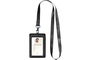 HEZEN Ausweishalter,vertikaler Ausweis-Kartenhalter aus Leder,durchsichtiges Ausweisfenster mit Umhängeband für Männer und Frauen/Lehrer/Krankenschwester/Student(Schwarz-B)