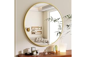 BEAUTYPEAK Miroir Mural Rond doré de 76 cm avec Cadre en Aluminium incassable à Suspendre et à Poser - Miroir Mural pour Chambre à Coucher, Salle de Bain, Salon