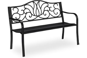 Relaxdays Banco Jardín Antiguo, 2 Personas, Asiento Balcón y Terraza, Banca Exterior Metal, 90x127,5x63cm, Acero, Negro