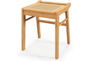 COSTWAY Dressing Table Stool, Bamboo Vanity Stool Footrest with Breathable Rattan Top and Foot Pads, Small Make-up Chair Seat Footstool for Bedroom, Living Room and Hallway, 38x40x43cm, Natural