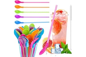 KUFAERBEAM 20 Stück Strohhalme Löffel, Wiederverwendbare Trinkhalmlöffel für Slush, 2-in-1 Strohhalme mit Löffel, Plastik-Strohhalm-Löffel mit Strohhalm Bürste für Kaffee, Slush, Cocktail (20Pcs)