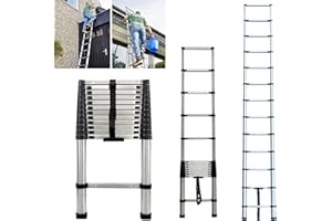 DICN Extension Ladders 12.5FT Stainless Steel Telescopic Folding Portable Extendable Ladder 3.8M for Home or Office Use, Cleaning, Maintenance, Decoration