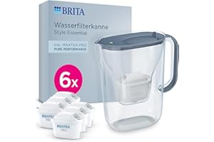 BRITA Wasserfilter Kanne Style Essential steinblau (2,4l) inkl. 6x BRITA MAXTRA PRO Pure Performance – Kanne mit Smart Light LED & Klapp-Deckel passt in den Kühlschrank, filtert Verunreinigungen etc.