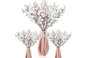 GEOSAR 30 Pieces Artificial Holly Berry Stem Picks with Snowflake Glitter Christmas Tree Berries Picks for Christmas Tree Ornaments DIY Crafts Wedding Home Party Decor (White)