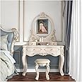Victorian White Vanity Desk 80cm, Baroque Makeup Table with Drawers and LED Oval Mirror, Upholstered Stool, Dressing Table for Princess Women Girls