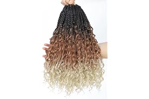 FIRSTCYH HAIR Boho Box Braids Crochet Hair with Curly Hair Pre Loop Long Black Messy Goddess Box Braids Extensions de cheveux pour femmes noires (35.56 cm (Lot de 8), 1B/30/613#)