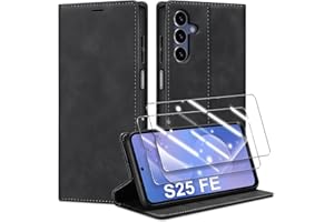 Guisessy Handyhülle für Samsung Galaxy S25 FE 5G Hülle und 2 Schutzfolie, Premium Leder Klappbar Flip Wallet Case, [Magnet] [Kartenfach] [Standfunktion] Schutzhülle für Samsung S25 FE, Schwarz