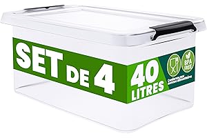 Deuba® 4x Boîte de rangement 40L en plastique transparent empilable sans BPA gain de place caisse de rangement organiseur