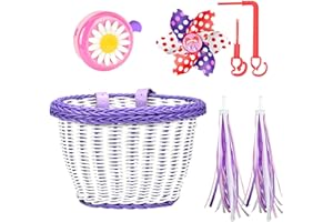 PORUPAEL Kids Bike Basket Set Handwoven Cycle Basket with Straps, Bike Windmill, Bicycle Tassels and Cycling Bell, Bicycle Basket Bike Accessories for Boys Girls Bicycle Scooter Balance Bike