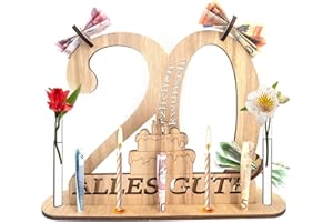 KEELYY Holz Schild Gästebuch 20 Geburtstag - Geburtstag Jubiläum für 20 Jahre Mann Frau - Gästebuch Geburtstag als Personalisierbares Geschenk - 20 Geburtstag Deko mit Ständer und Kerzenhalter