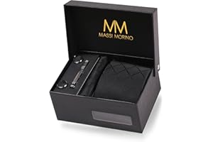 Massi Morino Cravatta e fazzoletto da uomo - con camicia gemelli, parure fermacravatta set I Accessori sposa I Cravatte Elegante Confezione Regalo