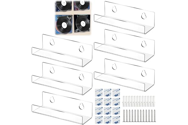 Funngy Skivhållare i akryl, 6 st genomskinliga flytande flytande akryl väggmonterade displayhyllor vinylskivhylla, CD-display