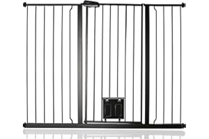 Bettacare Haustiergitter mit verriegelbarer Katzenklappe, 126.7cm - 134.3cm, Schwarz, 104cm in der Höhe, Extra hohes Hundesicherheitsgitter mit Katzenklappe, Einfache Installation