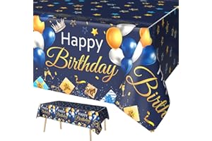 FunHot Birthday Tablecloth, Navy Blue and Gold Birthday Decorations, 54 x 108 Inch Waterproof Rectangle Happy Birthday Table Cover for Boys Girls Women Men Birthday Party Decorations