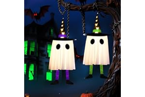 ZoneYan Zestaw 2 duchów na Halloween, wiszące duchy z kapeluszem, na Halloween, wiszące wiedźmy, odpowiednie do ogrodu, na podwórko, taras, trawnik (fioletowy i zielony)