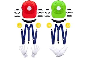 DEKEWE Chapeaux Rouge/Vert, Luigi Deguisement avec Chapeau Vert Gants Blancs et barbe Cosplay Décoration pour Garçon et Fille, Enfants et Adultes