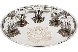 INDIABAZAAR Pooja Thali Aarti Plate Stainless Steel Ganesh Puja Thali Decorative with Diya Holder Pooja Items for Mandir Diwali Navratri Karva Chauth Raksha Bandhan Wedding Home Temple Gift (5 Diya Holder)