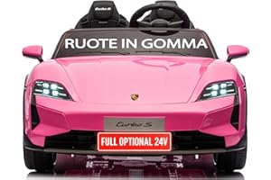 MONDIAL TOYS Auto Elettrica per Bambini 24V Porsche Taycan TurboS 2 Posti Macchina Elettrica con Ruote in Gomma Telecomando Luci LED Bluetooth Rosa