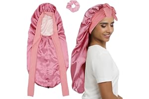 SENGTERM Long Bonnet Satin Cheveux Nuit - Couche Double Bonnet en Soie pour Femmes aille de tête Ajustable Bonnet de Nuit pour Cheveux bouclés