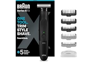 ‎BRAUN Braun Series XT3 Gesicht & Körper, Elektrischer Rasierer, Barttrimmer & Bodygroomer, 7 Zubehörteile, Körperrasierer mit Sensitiv Kammaufsatz, 45 Min Akku, Wasserdicht, XT3200, Schwarz